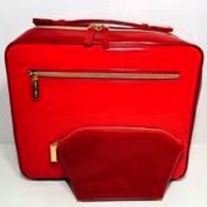 Estee Lauder Red Patent Faux Leather Makeup Bag Train Travel Case Bag Gift Set